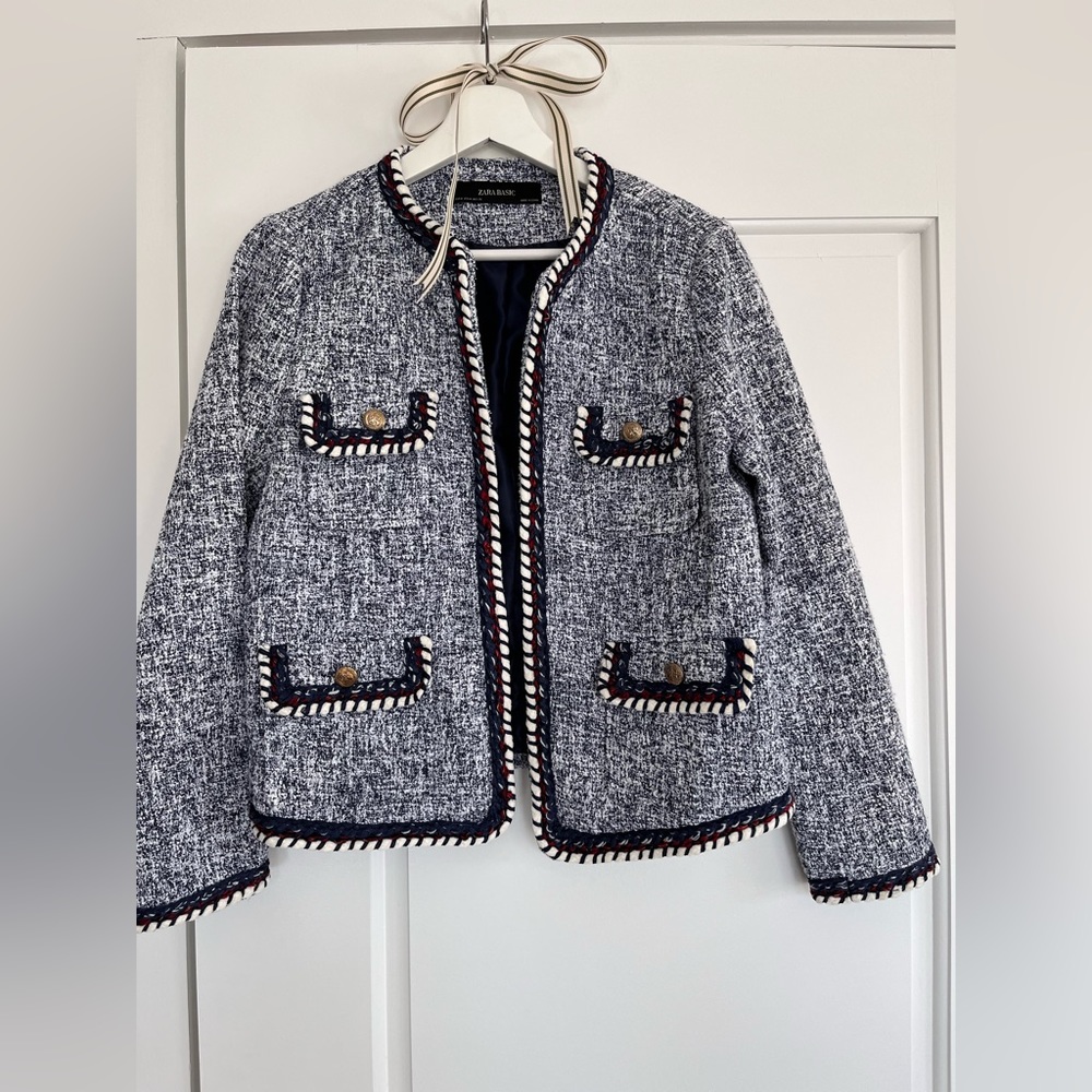 Zara Navy Tweed Blazer with Piping Detail Size M
